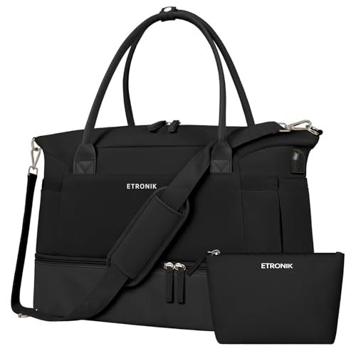 ETRONIK Sporttasche Reisetasche Damen, Weekender mit Schuhfach & Nassfach, Sport Travel Bag Weekender Damen für Reisen Gym Yoga, Handgepäck Tasche für Flugzeug, Segeltuch Schwarz, Mittel von ETRONIK