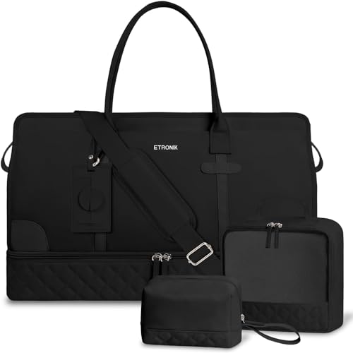 ETRONIK Weekender Reisetasche Damen, Große Weekender Bag Mit Schuhfach & Nass-Tasche, Tragetasche Travel Bag Mit Kulturtasche, Tasche für kliniktasche 4er Set, schwarz von ETRONIK