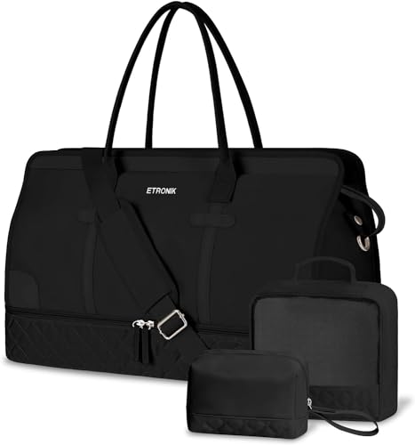 ETRONIK Weekender Reisetasche Damen, Große Reisetasche mit Schuhfach & Nass-Tasche, Tragetasche Sporttasche mit Kulturtasche, Tasche für Krankenhaus 4er Set Large Size (Schwarz) von ETRONIK