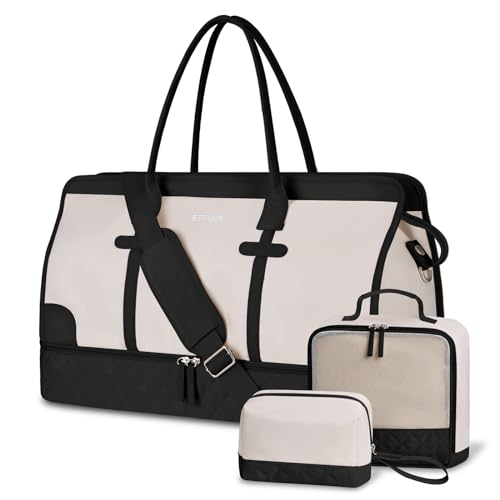 ETRONIK Weekender Reisetasche Damen, Große Weekender Bag Mit Schuhfach & Nass-Tasche, Tragetasche Travel Bag Mit Kulturtasche, Tasche für kliniktasche 4er Set Beige-Schwarz von ETRONIK