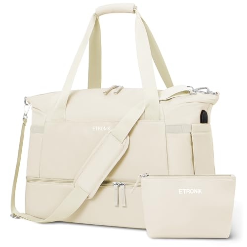 ETRONIK Sporttasche Reisetasche Damen mit Schuhfach, 55L Weekender Damen Große mit Nassfach, Sport Travel Bag für Reisen Gym Yoga, Handgepäck Tasche für Flugzeug, Beige, Large von ETRONIK