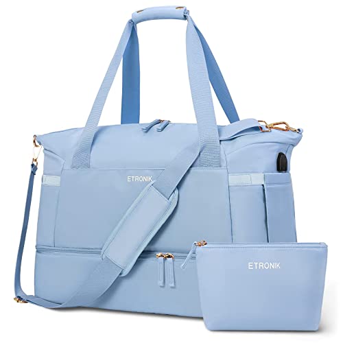 ETRONIK Sporttasche Reisetasche Damen, Weekender mit Schuhfach & Nassfach, Sport Travel Bag Weekender Damen für Reisen Gym Yoga, Handgepäck Tasche für Flugzeug, Hellblau, Mittel von ETRONIK