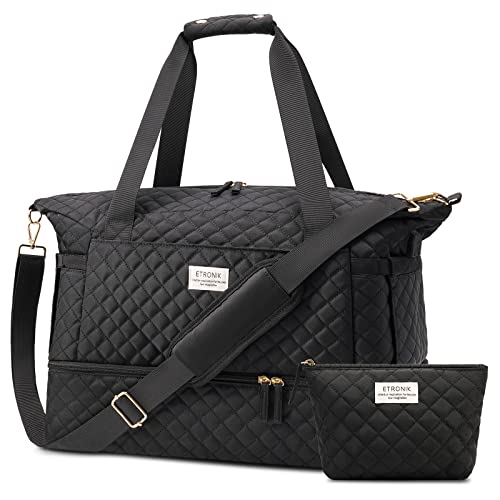 ETRONIK Sporttasche Reisetasche Damen, Weekender mit Schuhfach & Nassfach, Sport Travel Bag Weekender Damen für Reisen Gym Yoga, Handgepäck Tasche für Flugzeug, Bestickt Schwarz, Mittel von ETRONIK