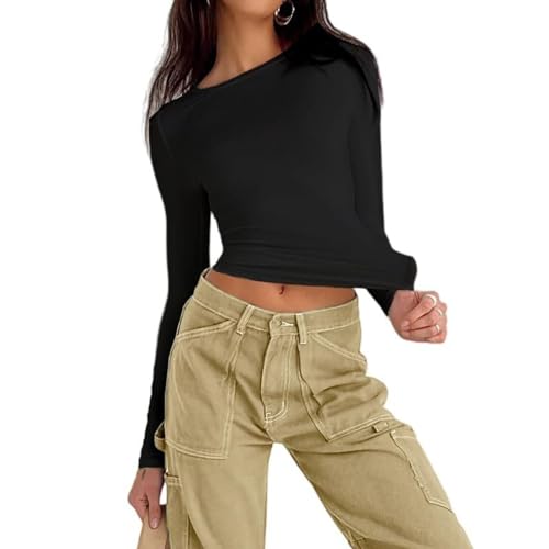 Langarmshirt Damen, Long Sleeve Crop Tops Y2K Slim Fit, Basic T-Shirts Casual Rundhals Eng Anliegend Basic Einfarbig Fit Oberteile, Schwarz1-XL von ETRSAIRL