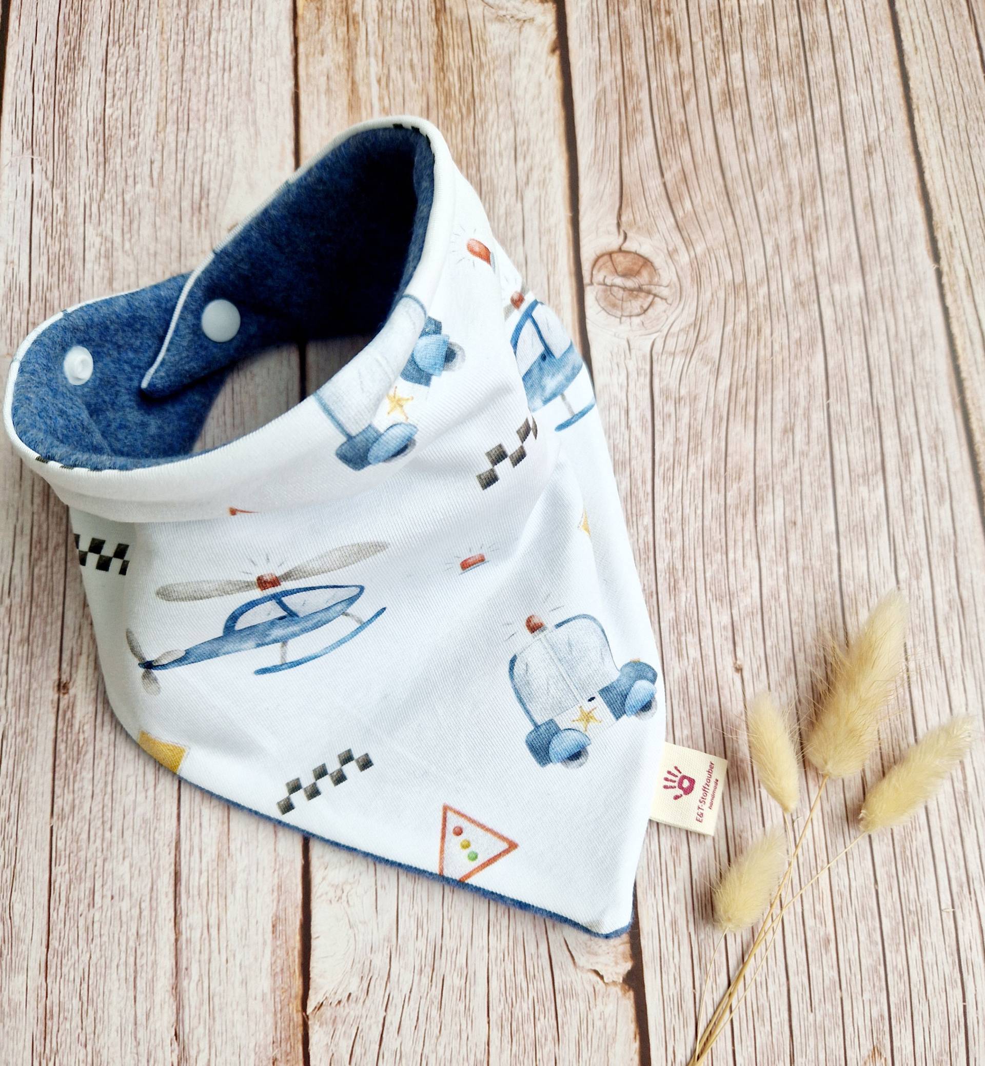 Halstuch Fleece Baby Schal Dreieckstuch Handmade Polizei Auto Hubschrauber Jeansblau 68 74 80 86 92 98 104 von ETStoffzauber