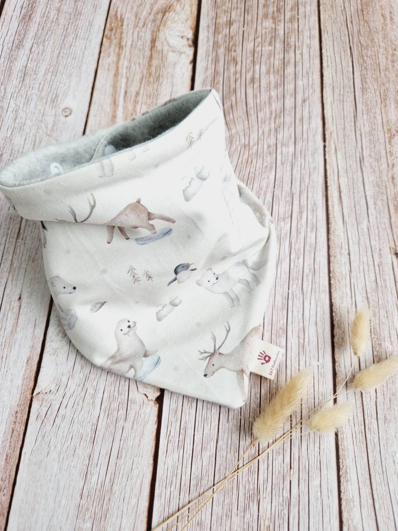 Halstuch Fleece Waldtiere Schal Dreieckstuch Wintertiere Hirsch Fuchs Pinguin Grau Beige Jungs Mädchen Baby 62 68 74 80 86 92 98 104 110 von ETStoffzauber