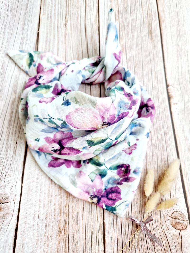 Musselin Halstuch Zum Binden Blumen Lila Mädchen Kinder Handmade - Personalisierbar Mit Name von ETStoffzauber