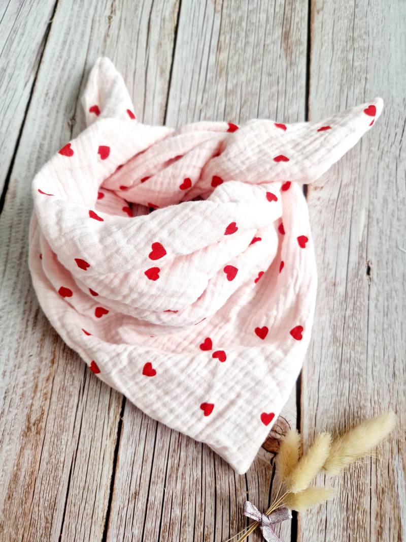 Musselin Halstuch Zum Binden Herzen Rot Rosa Herzchen Mädchen Kinder Handmade - Personalisierbar Mit Name von ETStoffzauber