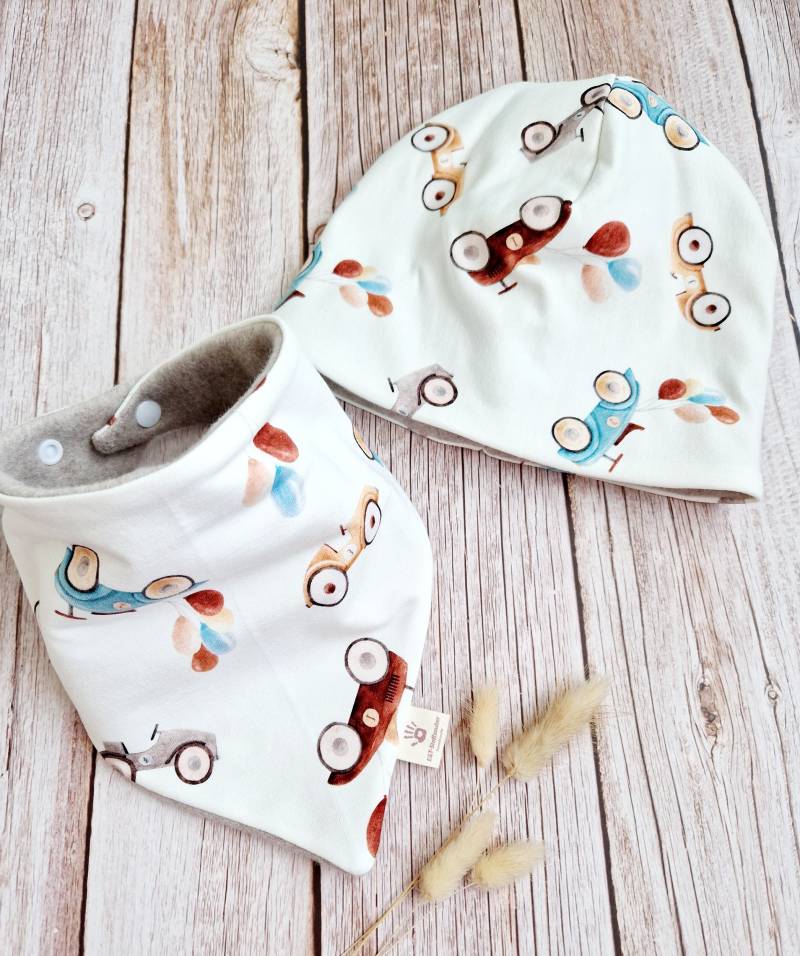 Set Halstuch Mütze Beanie Baby Schal Dreieckstuch Autos Retro Beige Fleece Jungen Unisex 62 68 74 80 86 92 98 104 110 Handmade von ETStoffzauber