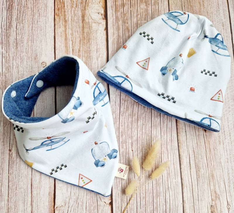 Set Halstuch Mütze Beanie Baby Schal Dreieckstuch Polizei Auto Hubschrauber Blau Jungen Unisex 62 68 74 80 86 92 98 104 110 Handmade von ETStoffzauber