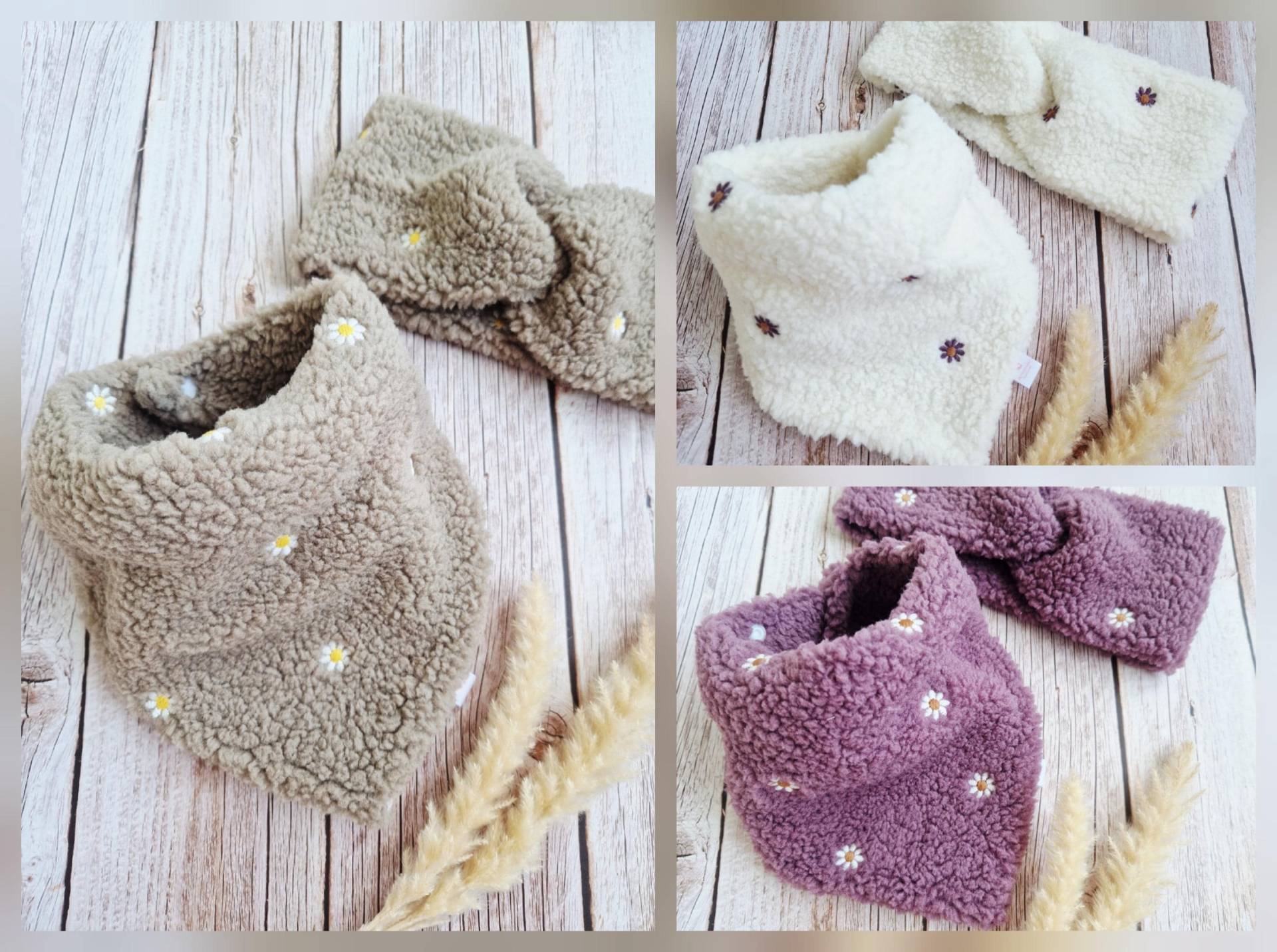 Warmes Set Halstuch Stirnband Teddy Fleece Blümchen Schal Handmade Mädchen Damen Baby von ETStoffzauber