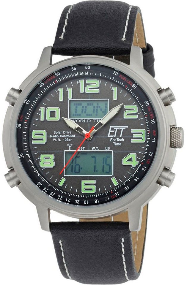 ETT Funkchronograph Hunter World Timer EGS-11301-22L, Armbanduhr, Herrenuhr, Datum, Solar, Lederarmband von ETT