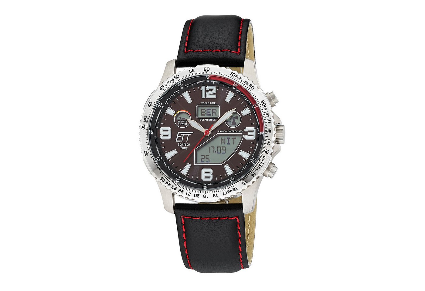 ETT Funkchronograph Professional World Timer EGT-11718-22L, Armbanduhr, Solar, Herrenuhr, Lederarmband, analog, digital von ETT