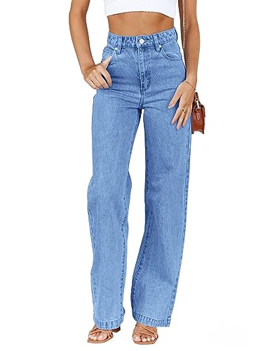 ETTELO Damen-Jeans, mittlere Taille, gerades Bein, locker, dehnbar, leicht, Bauchkontrolle, trendige Jeans für Damen 2023, Blau, 42 von ETTELO