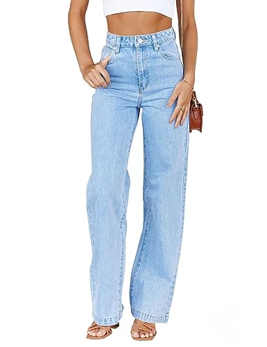 ETTELO Damen-Jeans, mittlere Taille, gerades Bein, locker, dehnbar, leicht, Bauchkontrolle, trendige Jeans für Damen 2023, Hell, blau, 34 von ETTELO