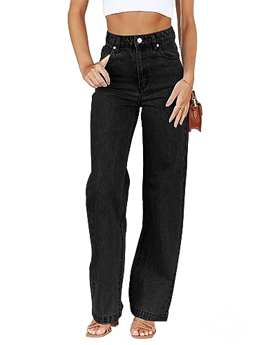 ETTELO Damen-Jeans, mittlere Taille, gerades Bein, locker, dehnbar, leicht, Bauchkontrolle, trendige Jeans für Damen 2023, Schwarz, 38 von ETTELO