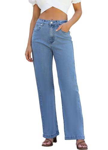 ETTELO Damen Jeans Hohe Taille Gerades Bein Lose Dehnbar Leicht Bauchkontrolle Trendige Jeans für Frauen 2023, Blau, 44 von ETTELO