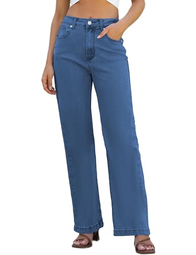 ETTELO Damen-Jeans, hohe Taille, gerades Bein, locker, dehnbar, leicht, Bauchkontrolle, trendige Jeans für Damen, 2024 (US, Numeric, 12, regulär, regulär, Jeansblau), jeans blue, 44 von ETTELO