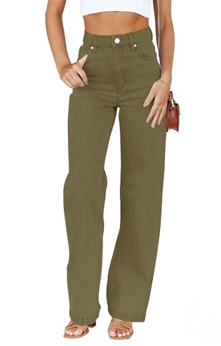 ETTELO Damen Jeans Mid Waist Straight Leg Loose Stretchy Lightweight Tummy Control Trendy Jeans für Frauen 2023, Grün (Army Green), 38 von ETTELO