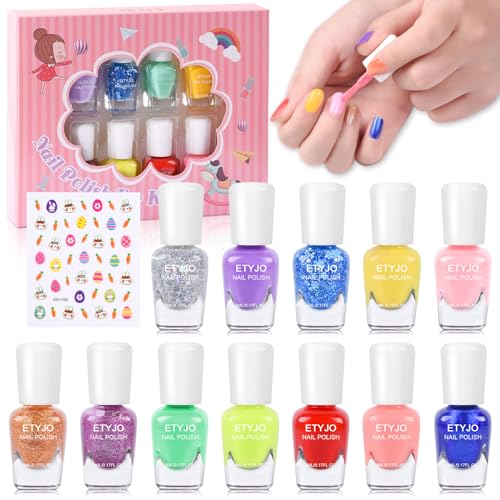 ETYJO Kinder Nagellack Mädchen Ungiftig - 12 Farben Schnelltrocknend Peel Off Nagellack Kinder Set, Ungiftig Wasserbasiert Kindernagellack Mädchen mit Nagelsticker für Kinder ab 3 Jahren von ETYJO