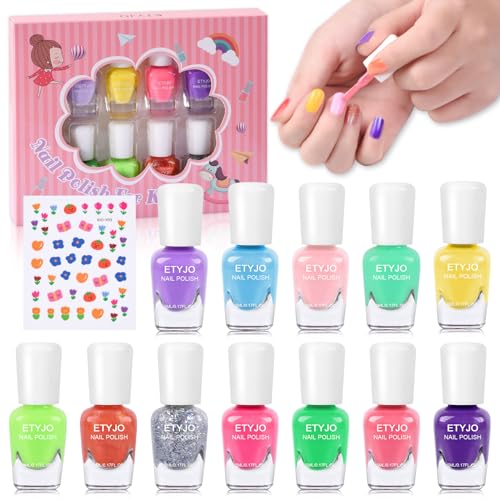 ETYJO Nagellack Kinder Set - 12 Farben Ungiftig Kindernagellack Peel Off mit Blume Nagelsticker, Schnell Trocknen Wasserbasiert Nagellack Set für Mädchen Geschenke Kit ab 3 Jahren von ETYJO