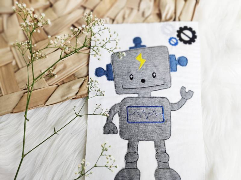 xl Roboter Aufnäher Bügelbild Robo Grau Robot Schrauben Zahnräder von ETeast2011