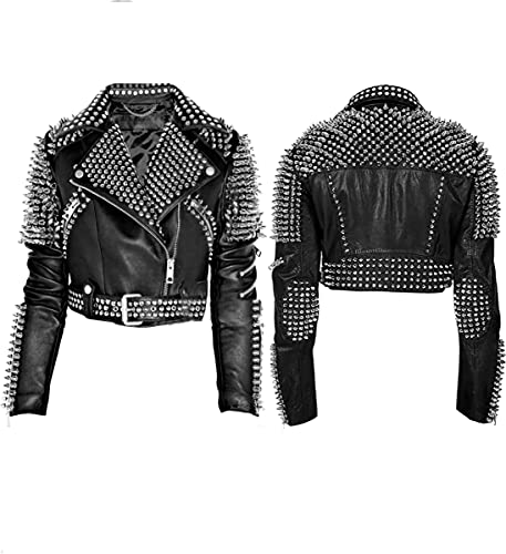 Damen Gothic Brando Rock Punk Nieten Fransen Biker Schwarz Motorrad Lederjacke, Schwarz – Echtleder (Stil 2), 36 von EU Fashions