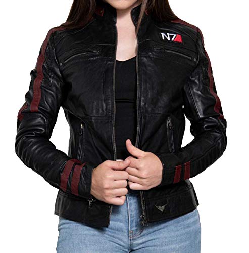 EU Fashions Damen Lederjacke Commander Shepard Street Fighter Mass Effect N7 Logo Schwarz Gr. Medium, Schwarz - Mass Effect Echtleder Jacke Damen von EU Fashions