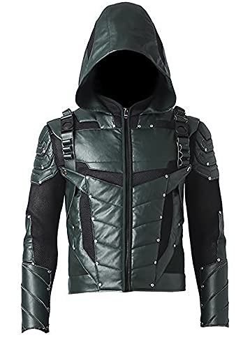 Green Arrow S5 Oliver Queen Stephen Amell Kostüm mit Kapuze Lederjacke Hose Gr. L, Green Arrow Faux Hoodie von EU Fashions