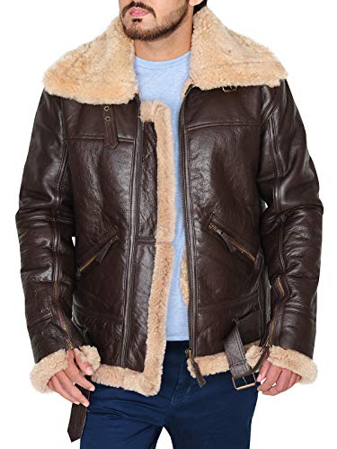 Herren-Bomberjacke aus echtem Schafsleder, Pilotenflieger B3 WWII Flying Cockpit, dicke Wolle innen/innen Gr. Medium, Braun – B3 Shearling Jacke von EU Fashions