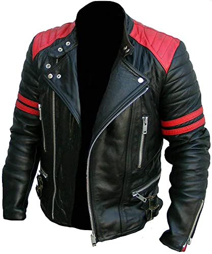 Marlon Brando Herren Motorradjacke aus geteiltem Rindsleder, mit Gürtel, Schwarz – Brando Lederjacke, XL von EU Fashions