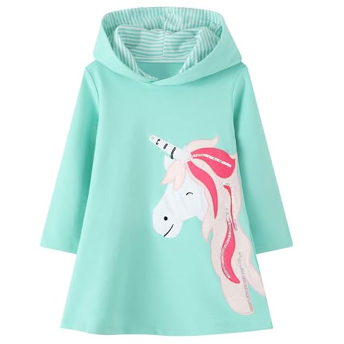 FILOWA Kapuzenkleid für Mädchen Einhorn Kapuzenpullover Kleid Langarm Baumwolle Stickerei Hoodie Pullover Sweatshirt Freizeit Tops Kleider Frühling Herbst Winter Kinder 4-5 Jahre Grün von FILOWA