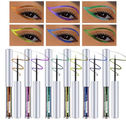 Flüssiger Glitzer-Eyeliner, schimmernder Eyeliner, Set mit 6 langlebigen Make-up-Werkzeugen, tragbare farbwechselnde Kosmetik für Frauen von EUBEISAQI