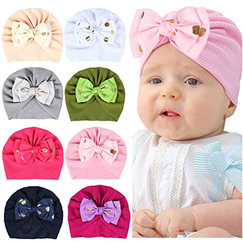 Baby-Turban-Mütze, Neugeborenenen-Krankenhut, Baby-Mütze, weiche Baby-Kopfwickel, Haarschmuck für Kleinkinder, Mädchen, 8 Stück, Set mit 8 Farben, Medium von EUBUY
