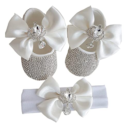 EUBUY Baby Mädchen Mary Jane Flats mit Bowknot Blumen mit Stirnband Set, Kristall Neugeborene Schuhe für Neugeborene Säuglinge Babys und Kleinkinder Neugeborene Fotografie Requisiten von EUBUY