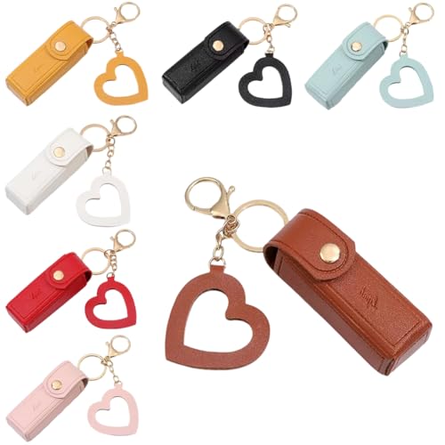 EUBUY Lippenstift-Organizer, Mini-Lippenstift-Etui mit Schlüsselanhänger, PU-Leder, tragbarer Chapstick-Halter mit Spiegel, für Mädchen, Reisen, Lipgloss, Make-up-Aufbewahrungshalter, Braun + Rosa + von EUBUY