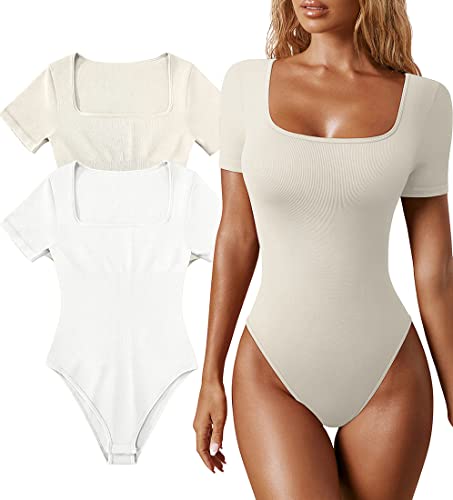 EUDOLAH Damen 2er-Pack Bodysuit Tops Unterziehbody Kurzarmbody Eckiger Ausschnitt Overalls Elegant Damenbody Jumpsuit L Beige/Weiß von EUDOLAH