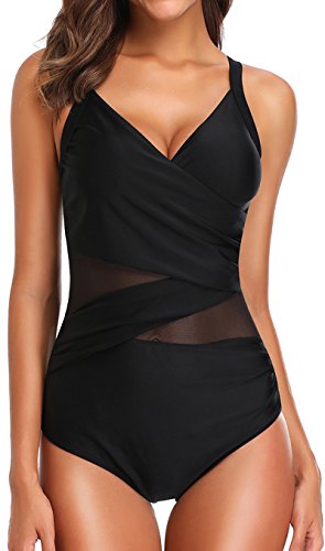 EUDOLAH Damen Bikini Set Einteilig Gaze Netz Sexy Uni Bandeau Beachwear (4XL, 1-Black-FR) von EUDOLAH