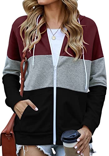 EUDOLAH Damen Colorblock Sweatjacke mit Tasche Kapuzenjacke mit Reißverschluss Loose Fit Hoodie Casual Running Fitness Sweatshirt A-Weinrot L von EUDOLAH