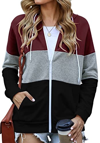 EUDOLAH Damen Colorblock Sweatjacke mit Tasche Kapuzenjacke mit Reißverschluss Loose Fit Hoodie Casual Running Fitness Sweatshirt A-Weinrot XL von EUDOLAH