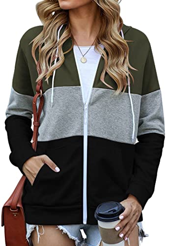 EUDOLAH Damen Colorblock Sweatjacke mit Tasche Kapuzenjacke mit Reißverschluss Loose Fit Hoodie Casual Running Fitness Sweatshirt Grün L von EUDOLAH