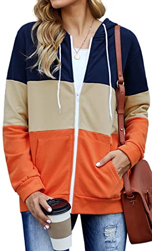 EUDOLAH Damen Colorblock Sweatjacke mit Tasche Kapuzenjacke mit Reißverschluss Loose Fit Hoodie Casual Running Fitness Sweatshirt Navy XL von EUDOLAH