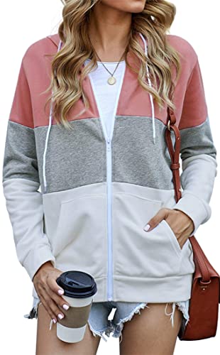 EUDOLAH Damen Colorblock Sweatjacke mit Tasche Kapuzenjacke mit Reißverschluss Loose Fit Hoodie Casual Running Fitness Sweatshirt Rosa L von EUDOLAH