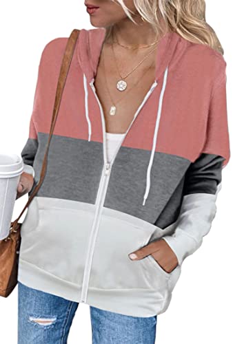 EUDOLAH Damen Colorblock Sweatjacke mit Tasche Kapuzenjacke mit Reißverschluss Loose Fit Hoodie Casual Running Fitness Sweatshirt Rosa M von EUDOLAH