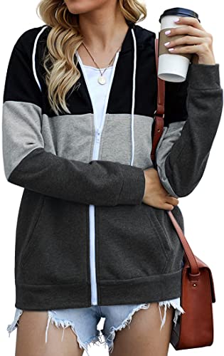 EUDOLAH Damen Colorblock Sweatjacke mit Tasche Kapuzenjacke mit Reißverschluss Loose Fit Hoodie Casual Running Fitness Sweatshirt Schwarz L von EUDOLAH