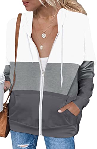 EUDOLAH Damen Colorblock Sweatjacke mit Tasche Kapuzenjacke mit Reißverschluss Loose Fit Hoodie Casual Running Fitness Sweatshirt Weiß L von EUDOLAH