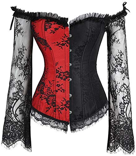 EUDOLAH Damen Corsage Vintage Corsett Gothic Bustier Vollbrust Top mit Ärmel Gothic Korsett Bauchweg Bustiers Top (XX-Large SchwarzRot) von EUDOLAH