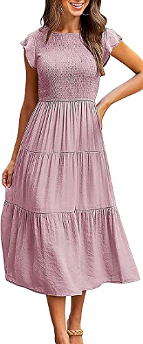 EUDOLAH Damen Einfarbig Midikleid Hohe Taille Sommer Lässig Rüschen Kleid Kurzarm Dress Rosa L von EUDOLAH