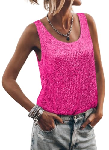 EUDOLAH Damen Glitzer Oberteile Ärmellos Top Festliche Pailletten Oberteile Mode Einfarbig Tanktops Party Bluse Tunika, Dunkelpink, Size XL von EUDOLAH