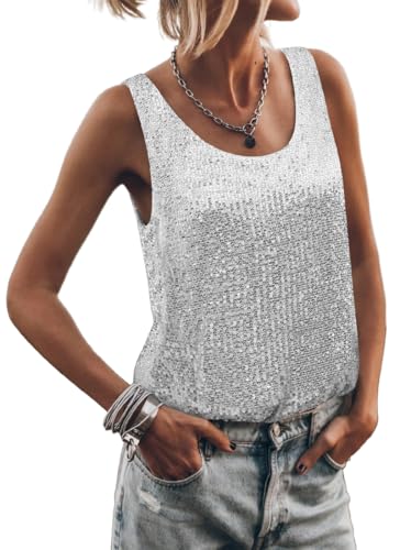 EUDOLAH Damen Glitzer Oberteile Ärmellos Top Festliche Pailletten Oberteile Mode Einfarbig Tanktops Party Bluse Tunika, Weiss, Size XL von EUDOLAH